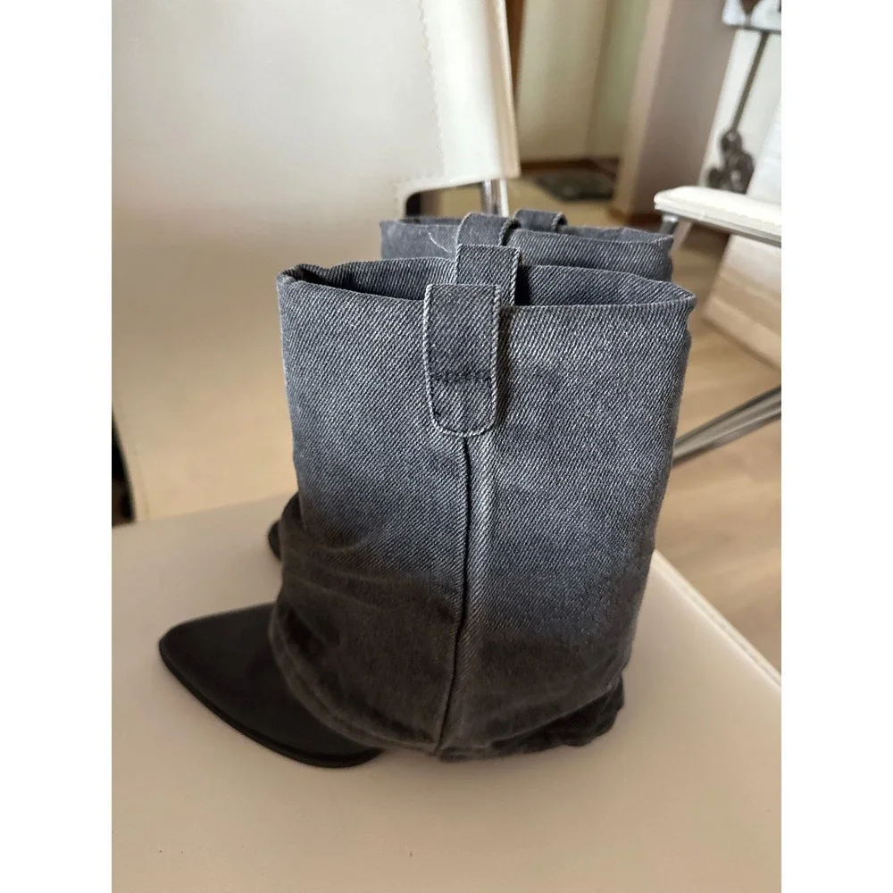 Steve Madden Lavish Denim Gaiter Boots Grey Black Pointed Toe Block Heel 6.5M